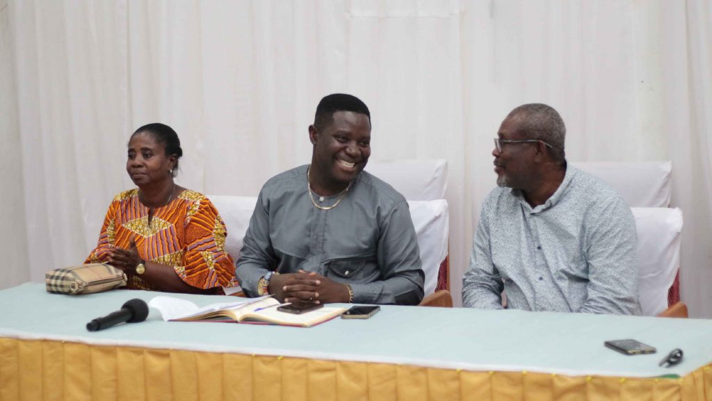 The Dean of the Faculty of Vocational Education (FVE), Dr. Gilbert Owiah Sampson (middle) chairing the second session of the seminar. With him on the high table are Mrs. Millicent Pimpong, Faculty Officer, FECS and Mr. Raphael K. Dzakpasu, Coordinator of the SIP Office.