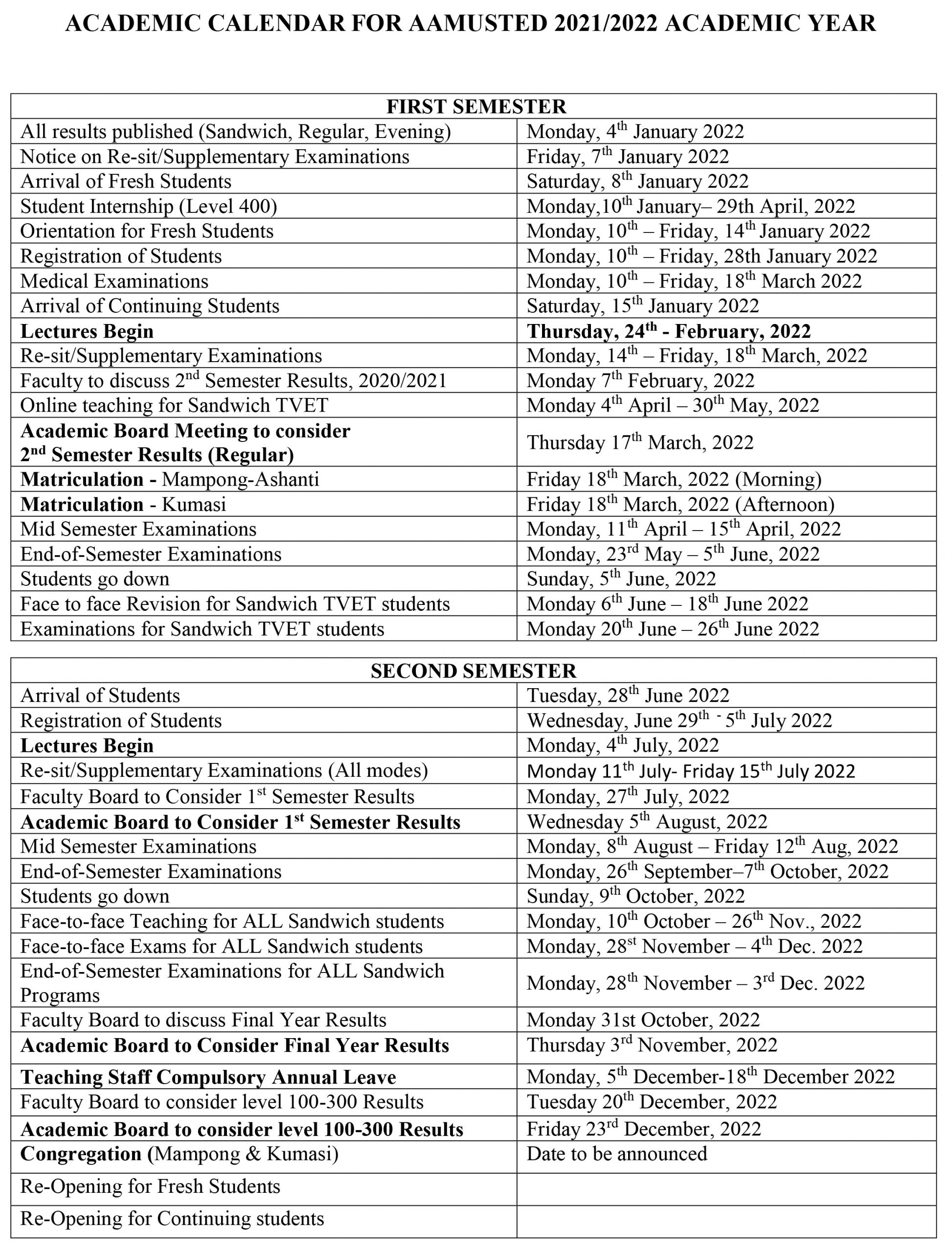 Academic Calender – AAMUSTED