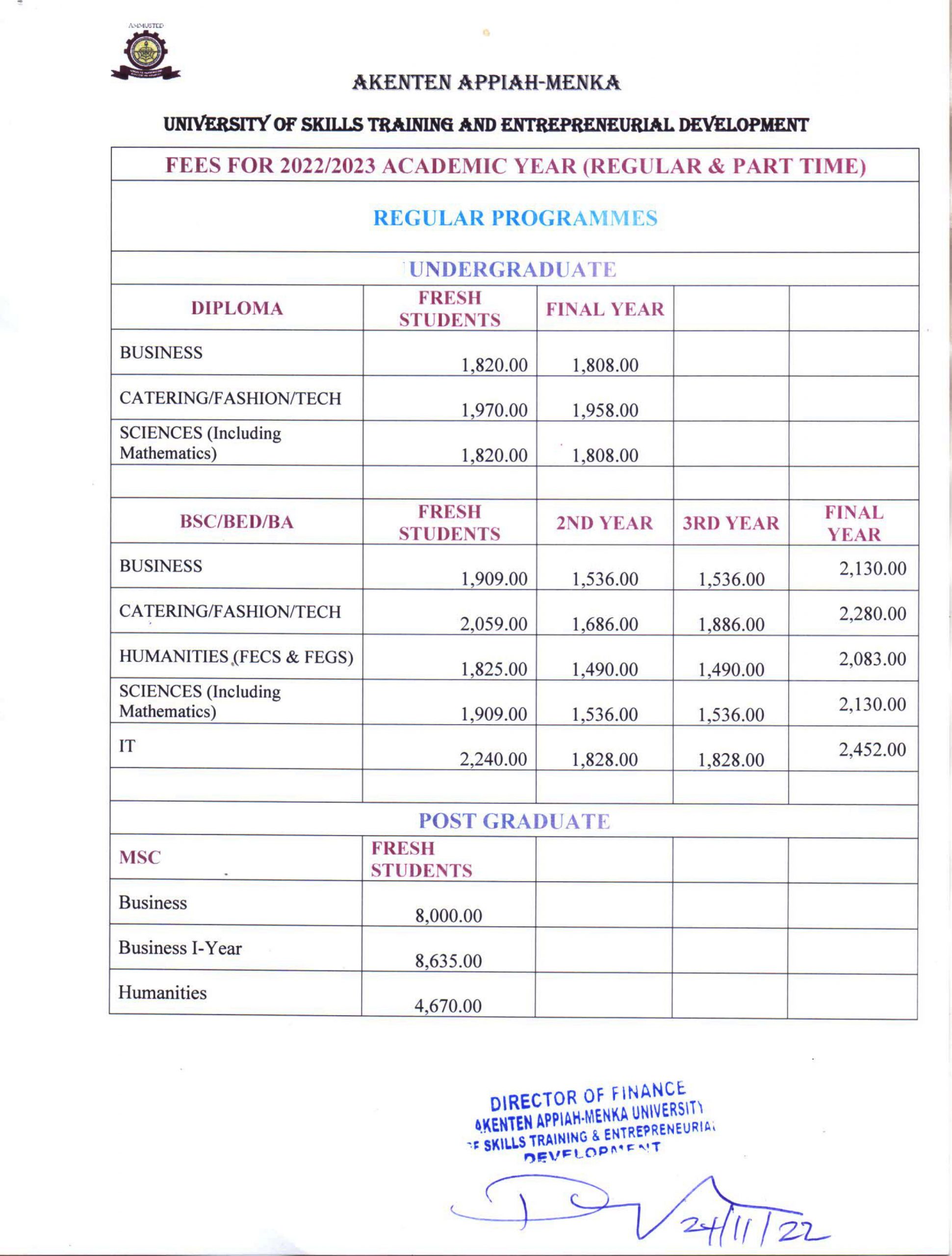 Fees Schedule For 2022/2023 Academic Year | AAMUSTED