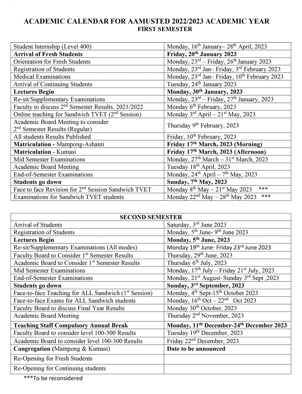 Revised Academic Calendar For AAMUSTED 2022/2023 Academic Year