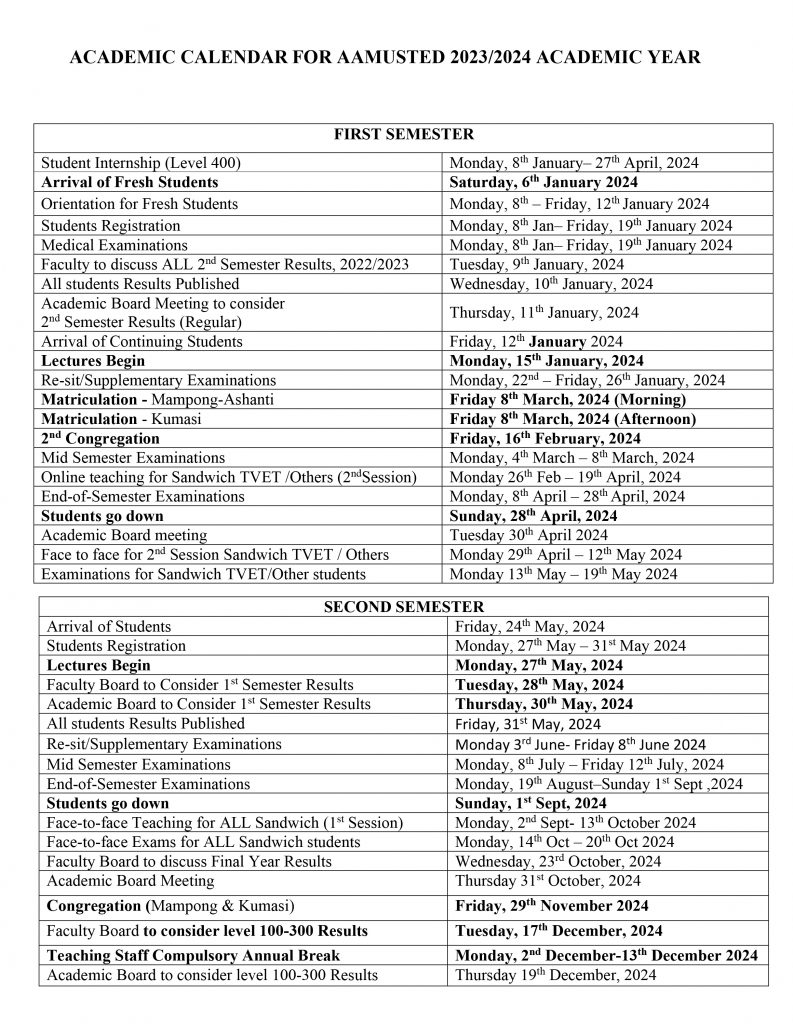 Academic Calender | AAMUSTED