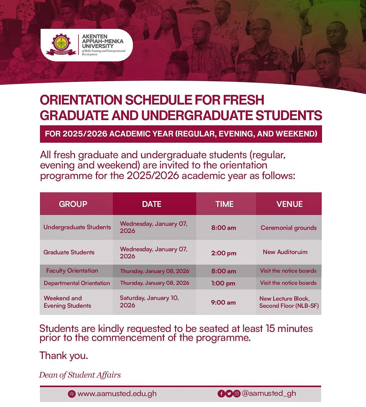 Orientation Schedule for Fresh Graduate and Undergraduate Students